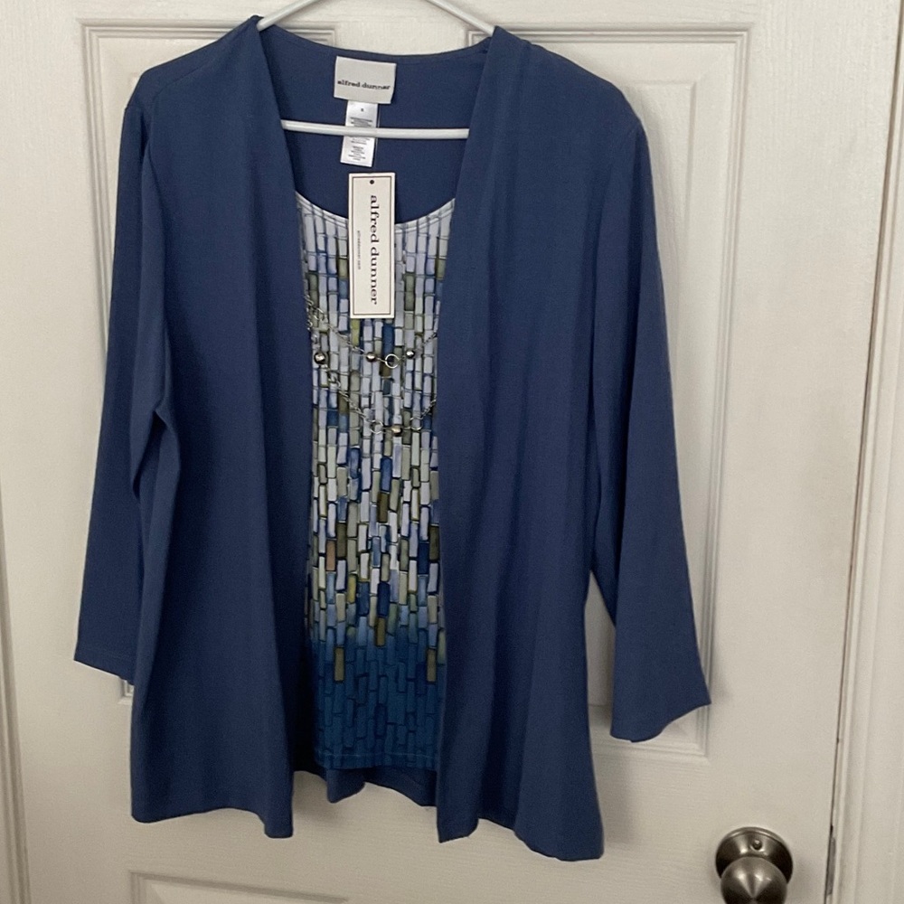 Alfred Dunner Blue Open-Front Cardigan with Patterned Top